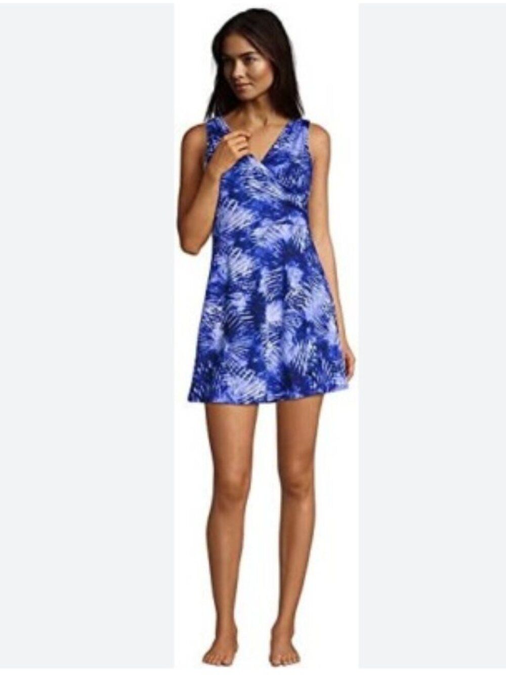 EUC Lands' End Women's Tummy Control Surplice Blue Floral Swim Dress Size 22W